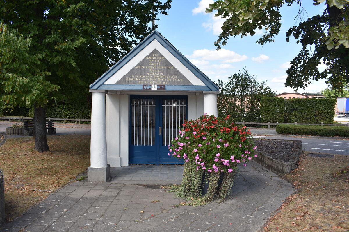 Een witte Mariakapel met bloemen in Koningshooikt